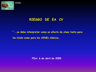 “...se debe interpretar como un efecto de clase tanto para
los Coxib como para los AINEs clásicos..
FDA: 6 de abril de 2005
RIESGO DE EA CV
AINEs
 