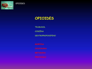 OPIOIDES
TRAMADOL
CODEÍNA
DEXTROPROPOXIFENO
MORFINA
OXICODONA
METADONA
FENTANILO
OPIOIDES
 
