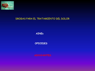 DROGAS PARA EL TRATAMIENTO DEL DOLOR
AINEs
OPIOIDES
ADYUVANTES
 