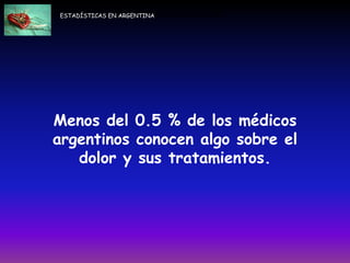 Sigue siendo inadecuado el tratamiento.
2.- Sigue siendo difícil de diagnosticar las causas.
3.- Gran parte del enfoque se basa en la subjetividad (modo de pensar y sentir del paciente)
.- Sigue siendo inadecuado el tratamiento.
2.- Sigue siendo difícil de diagnosticar las causas.
3.- Gran parte del enfoque se basa en la subjetividad (modo de pensar y sentir del paciente)
Ade
Menos del 0.5 % de los médicos
argentinos conocen algo sobre el
dolor y sus tratamientos.
ESTADÍSTICAS EN ARGENTINA
 