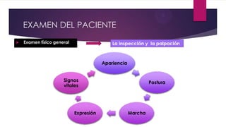 EXAMEN DEL PACIENTE


Examen físico general

La inspección y la palpación

Apariencia
Signos
vitales

Expresión

Postura

Marcha

 