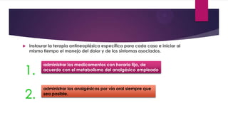 

instaurar la terapia antineoplásica específica para cada caso e iniciar al
mismo tiempo el manejo del dolor y de los síntomas asociados.

1.

administrar los medicamentos con horario fijo, de
acuerdo con el metabolismo del analgésico empleado

2.

administrar los analgésicos por vía oral siempre que
sea posible.

 