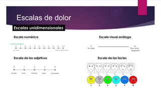 Escalas de dolor
Escalas unidimensionales
Escala numérica

Escala de los adjetivos

Escala visual análoga

Escala de las facies

 