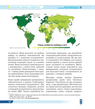 КУЛЬТУРА МИРУ: ПОСІБНИК З ТОЛЕРАНТНОСТІ МІЖНАРОДНИЙ ЦЕНТР
ПЕРСПЕКТИВНИХ ДОСЛІДЖЕНЬ
12
ні цінності. Вони вказують на свободу
вибору та рівність можливостей, що
зближує їх з поняттям толерантності.
Емансипативні цінності керуються орі-
єнтацією всередині групи та стосовно
інших. Вони достатньо співвідносяться
з демократією, з одного боку, роблячи
це розуміння ліберальнішим, з іншо-
го — оцінку рівня демократії своєї краї-
ни критичнішою. Існує важливий зв’я-
зок між цими двома категоріями.
Інша спроба вимірювати нетерпимість
забезпечується в рамках Глобального
індексу соціальної толерантності5
. Він
стосується меншин, мігрантів, релігій
і гендерної толерантності, ґрунтуючись
на даних ДЦС. Індекс передбачає ба-
5
Zanakis S., Newburry W., Taras V. Global Social Tolerance Index and Multi-Method Country Ranking Sensitivity // Journal of International Business
Studies, Vol.47, Issue 4, 2016.— pp. 480–497.
6
The Legatum Prosperity Index // http://www.prosperity.com/
гатоетапну процедуру, що передбачає
стандартизацію даних, зважування по-
казників та узагальнення. Це дає змо-
гу встановити 124 вибірки для індексу
кожної країни, а також кілька вимірів
щодо чутливості та надійності. Вреш-
ті-решт індекс надає можливість для
вимірювання загальної толерантності
для будь-якої нації і толерантності по
кожному з чотирьох вимірів.
Важливу оцінку надано Індексом
процвітання країн світу Інституту
Legatum6
. Сам Індекс не про толерант-
ність, а про процвітання. Він базується
на оцінці дев’яти критеріїв, які містять
економічну якість, бізнес-середовище,
управління, освіту, охорону здоров’я,
Рівень особистої свободи у світі
Джерело: Legatum Prosperity Index
-3 -2 -1 0 1 2
 