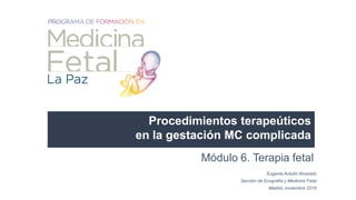 Módulo 6. Terapia fetal
Eugenia Antolín Alvarado
Sección de Ecografía y Medicina Fetal
Madrid, noviembre 2018
Procedimientos terapeúticos
en la gestación MC complicada
 