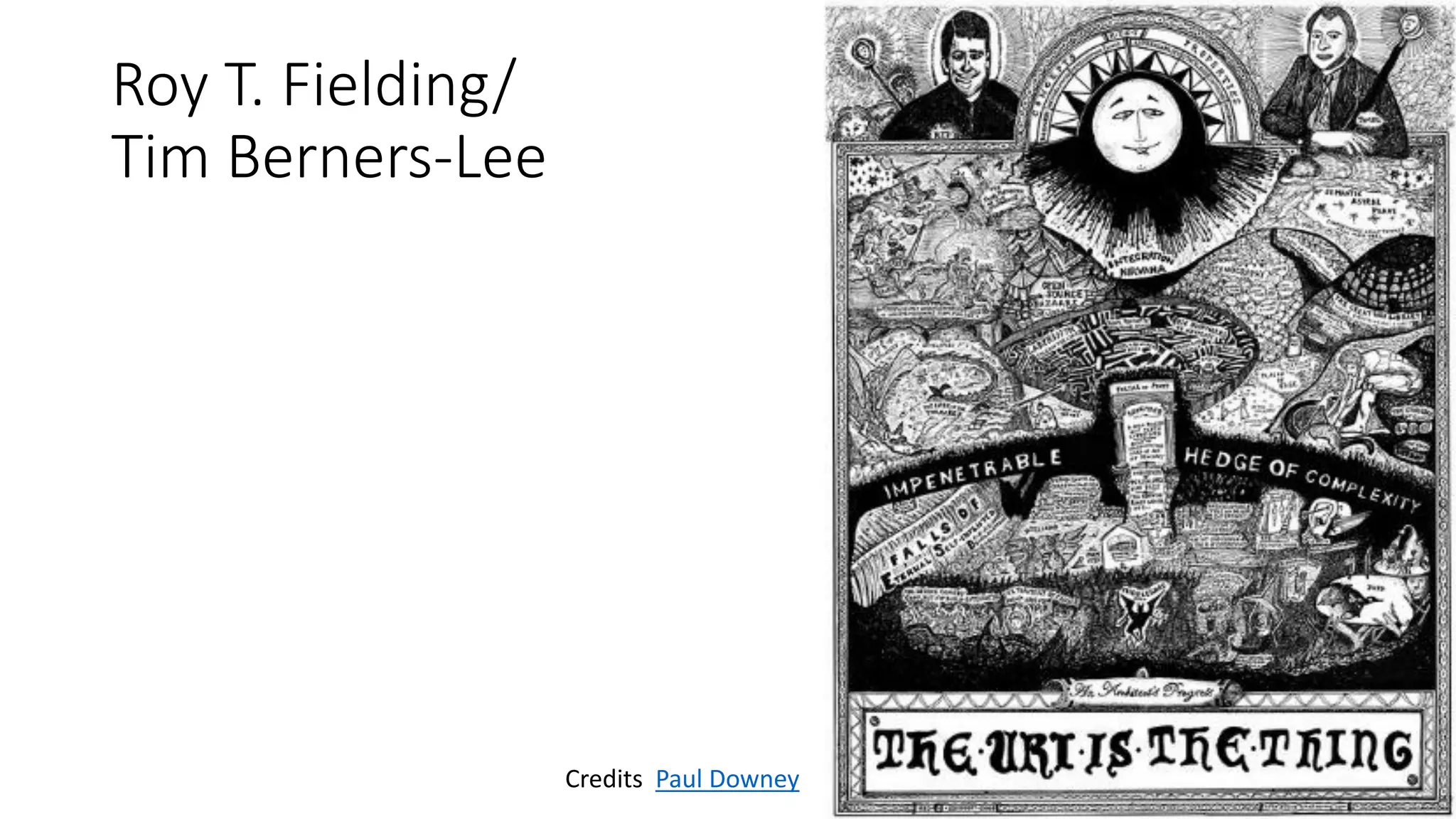 « Web resources »
• But controversy on splitting of URIs into URNs and URLs.
• Distinction between documents and things
• What is « on » the Web and what is « outside »
• Largely inconsistent and reactivated by Semantic Web
• Standards revised as soon as 1997 (HTTP 1.1) and 1998 (on URIs - meaning
there was a URL IETF RFC for barely three years).
 