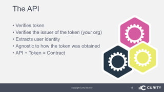 The API
• Verifies token
• Verifies the issuer of the token (your org)
• Extracts user identity
• Agnostic to how the token was obtained
• API + Token = Contract
Copyright Curity AB 2018 18
 