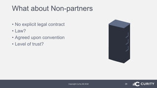 What about Non-partners
• No explicit legal contract
• Law?
• Agreed upon convention
• Level of trust?
Copyright Curity AB 2018 29
 