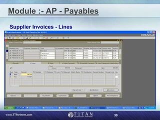 30
Module :- AP - Payables
Supplier Invoices - Lines
 