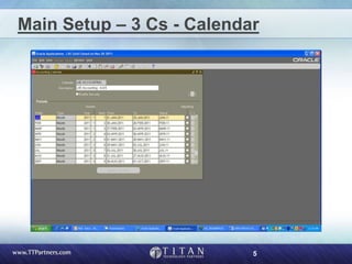 5
Main Setup – 3 Cs - Calendar
 