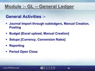 54
Module :- GL – General Ledger
General Activities :-
 Journal Import through subledgers, Manual Creation,
Posting
 Budget [Excel upload, Manual Creation]
 Setups [Currency, Conversion Rates]
 Reporting
 Period Open Close
 