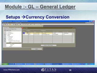 59
Module :- GL – General Ledger
Setups Currency Conversion
 