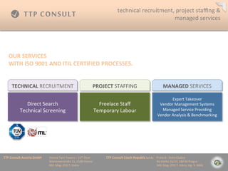 technical	
 ?recruitment,	
 ?project	
 ?sta?ng	
 ?&	
 ?
                                                                                                                                          managed	
 ?services	
 ?




    OUR	
 ?SERVICES	
 ?
    WITH	
 ?ISO	
 ?9001	
 ?AND	
 ?ITIL	
 ?CERTIFIED	
 ?PROCESSES.	
 ?


       TECHNICAL	
 ?RECRUITMENT	
 ?                                                     PROJECT	
 ?STAFFING	
 ?                                                                  MANAGED	
 ?SERVICES	
 ?

                                                                                                                                                                                   Expert	
 ?Takeover	
 ?
                   Direct	
 ?Search	
 ?                                                    Freelace	
 ?Sta?	
 ?                                                           Vendor	
 ?Management	
 ?Systems	
 ?
                Technical	
 ?Screening	
 ?                                               Temporary	
 ?Labour	
 ?                                                           Managed	
 ?Service	
 ?Providing	
 ?
                                                                                                                                                                         Vendor	
 ?Analysis	
 ?&	
 ?Benchmarking	
 ?




TTP	
 ?Consult	
 ?Austria	
 ?GmbH   	
 ?Vienna	
 ?Twin	
 ?Towers	
 ?C	
 ?12th	
 ?Floor 	
 ?    	
 ?TTP	
 ?Consult	
 ?Czech	
 ?Republic	
 ?s.r.o.	
 ?	
 ?	
 ?	
 ?Praha	
 ?8	
 ?-?\	
 ?Doln	
 ?Chabry	
 ?
         	
 ?      	
 ?      	
 ?   	
 ?Wienerberstra?e	
 ?11,	
 ?1100	
 ?Vienna 	
 ?          	
 ?         	
 ?        	
 ?      	
 ?        	
 ?	
 ?	
 ?	
 ?	
 ?	
 ?	
 ?	
 ?Na	
 ?Dolku	
 ?2a/14,	
 ?184	
 ?00	
 ?Prague	
 ?
         	
 ?      	
 ?      	
 ?   	
 ?MD:	
 ?Mag.	
 ?(FH)	
 ?T.	
 ?Jiskra 	
 ?       	
 ?    	
 ?         	
 ?        	
 ?      	
 ?        	
 ?	
 ?	
 ?	
 ?	
 ?	
 ?	
 ?	
 ?MD:	
 ?Mag.	
 ?(FH)	
 ?T.	
 ?Jiskra,	
 ?Ing.	
 ?V.	
 ?Mal?	
 ?
 