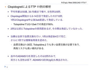 N Engl J Med 2000;342:1773-7

       ClopidogrelによるTTP 11例の解析
           平均年齢は55歳, 35-70歳まで様々, 女性例は6例.
           Clopidogrel開始から3-14日目で発症したのが10例.
            1例はClopidogrel中止後3wk経過して発症している.
               Ticlopidineでは2-12wkでの発症が95%.
           2例は以前にTiclopidineの使用歴あるが, その際は発症していなかった.


           治療は全例で血漿交換を行い, 1例は発症後4日で死亡.
            さらに1例では寛解後再発を認めた.
               血漿交換は1-30回. Ticlopidineよりも多い血漿交換が必要であり,
                再発リスクも高い傾向がある.


           血中のADAMS13を測定したのは2例のみで,
            双方とも活性は低下. ADAMS13抗体(IgG)も検出された.


    9
 