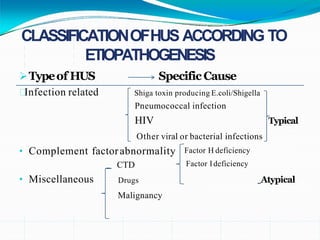 CLASSIFICATIONOFHUS ACCORDING TO
ETIOPATHOGENESIS
Typeof HUS Specific Cause
Infection related
Typical
Shiga toxin producing E.coli/Shigella
Pneumococcal infection
HIV
Other viral or bacterial infections
• Complement factorabnormality Factor H deficiency
Factor Ideficiency
• Miscellaneous Atypical
CTD
Drugs
Malignancy
 