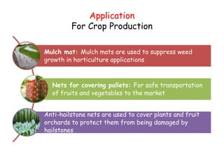 Application
For Crop Production
Mulch mat: Mulch mats are used to suppress weed
growth in horticulture applications
Nets for covering pallets: For safe transportation
of fruits and vegetables to the market
Anti-hailstone nets are used to cover plants and fruit
orchards to protect them from being damaged by
hailstones
 