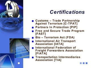 Certifications
Customs – Trade Partnership
Against Terrorism [C-TPAT]
Partners In Protection [PIP]
Free and Secure Trade Program
[FAST]
Bio – Terrorism Act (FDA)
International Air Transport
Association [IATA]
International Federation of
Freight Forwarders Association
[FIATA]
Transportation Intermediaries
Association [TIA]
 