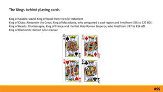 The Kings behind playing cards
King of Spades: David, King of Israel from the Old Testament
King of Clubs: Alexander the Great, King of Macedonia, who conquered a vast region and lived from 356 to 323 BCE.
King of Hearts: Charlemagne, King of France and the first Holy Roman Emperor, who lived from 747 to 814 AD.
King of Diamonds: Roman Julius Caesar.
#SS
 