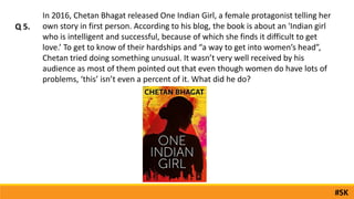 Q 5.
#SK
In 2016, Chetan Bhagat released One Indian Girl, a female protagonist telling her
own story in first person. According to his blog, the book is about an 'Indian girl
who is intelligent and successful, because of which she finds it difficult to get
love.’ To get to know of their hardships and “a way to get into women’s head”,
Chetan tried doing something unusual. It wasn’t very well received by his
audience as most of them pointed out that even though women do have lots of
problems, ‘this’ isn’t even a percent of it. What did he do?
 