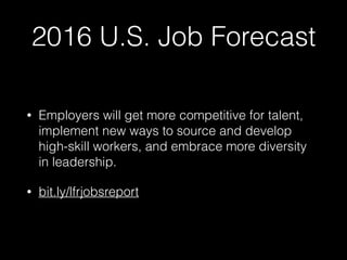 2016 U.S. Job Forecast
• Employers will get more competitive for talent,
implement new ways to source and develop
high-skill workers, and embrace more diversity
in leadership.
• bit.ly/lfrjobsreport
 