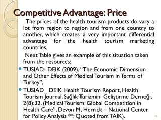 Competitive Advantage: PriceCompetitive Advantage: Price
The prices of the health tourism products do vary a
lot from region to region and from one country to
another, which creates a very important differential
advantage for the health tourism marketing
countries.
Next Table gives an example of this situation taken
from the resources:
TUSIAD- DEIK (2009).“The Economic Dimension
and Other Effects of Medical Tourism in Terms of
Turkey”,
TUSIAD_ DEIK Health Tourism Report, Health
Tourism Journal, Sa lık Turizmini Geliştirme Derne i,ğ ğ
2(8):32. (Medical Tourism: Global Competition in
Health Care”, Devon M. Herrick – National Center
for Policy Analysis **: Quoted from TAIK). 10
 