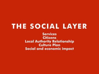THE SOCIAL LAYER
Services
Citizens
Local Authority Relationship
Culture Plan
Social and economic impact
 