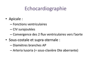 Echocardiographie
• Apicale :
– Fonctions ventriculaires
– CIV surajoutées
– Convergence des 2 flux ventriculaires vers l’aorte
• Sous-costale et supra-sternale :
– Diamètres branches AP
– Arteria lusoria (= sous-clavière Dte aberrante)
 