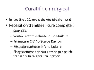 Curatif : chirurgical
• Entre 3 et 11 mois de vie idéalement
• Réparation d’emblée : cure complète :
– Sous CEC
– Ventriculotomie droite infundibulaire
– Fermeture CIV / pièce de Dacron
– Résection sténose infundibulaire
– Élargissement anneau + tronc par patch
transannulaire après calibration
 