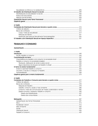 Sexualidade na infância e na adolescência ....................................................................................... 295
O trabalho de Orientação Sexual na escola ......................................................................................... 299
Manifestações da sexualidade na escola ........................................................................................... 300
Postura dos educadores ...................................................................................................................... 302
Relação escola-famílias ....................................................................................................................... 304
Orientação Sexual como Tema Transversal ........................................................................................... 307
Objetivos gerais .......................................................................................................................................... 311
2a
PARTE
Conteúdos de Orientação Sexual para terceiro e quarto ciclos ........................................................ 315
Critérios de seleção.............................................................................................................................. 315
Blocos de conteúdos ........................................................................................................................... 316
Corpo: matriz da sexualidade ........................................................................................................ 317
Relações de Gênero ...................................................................................................................... 321
Prevenção das Doenças Sexualmente Transmissíveis/Aids ............................................................. 325
O Trabalho com Orientação Sexual em Espaço Específico ................................................................ 331
TRABALHO E CONSUMO
Apresentação ............................................................................................................................................. 339
1a
PARTE
Introdução ................................................................................................................................................... 343
Escola, trabalho e consumo ................................................................................................................ 344
Caracterização do tema .......................................................................................................................... 347
Características do trabalho e do consumo na sociedade atual ........................................................ 350
Trabalho e consumo na sociedade brasileira ...................................................................................... 354
Tributação, distribuição de renda e justiça social .......................................................................... 355
Alguns descritores da situação do trabalho no Brasil ..................................................................... 356
O tema no ensino fundamental ............................................................................................................... 361
Ensinar e aprender trabalho e consumo.............................................................................................. 362
Os jovens, a escola e a inserção no trabalho...................................................................................... 364
Transversalidade ................................................................................................................................... 368
Objetivos gerais para o ensino fundamental ......................................................................................... 373
2a
PARTE
Conteúdos de Trabalho e Consumo para terceiro e quarto ciclos .................................................... 377
Critérios de seleção.............................................................................................................................. 377
Blocos de conteúdos ........................................................................................................................... 378
Relações de trabalho ..................................................................................................................... 378
Trabalho, consumo, saúde e meio ambiente ................................................................................ 385
Consumo, meios de comunicação de massas, publicidade e vendas ....................................... 390
Direitos humanos, cidadania, trabalho e consumo ....................................................................... 395
Direitos dos trabalhadores ........................................................................................................ 397
Direitos dos consumidores ........................................................................................................ 401
Bibliografia .................................................................................................................................................. 407
Apresentação dos Temas Transversais ................................................................................................. 407
Ética ..................................................................................................................................................... 414
Pluralidade Cultural .............................................................................................................................. 416
Meio Ambiente ..................................................................................................................................... 420
Saúde ................................................................................................................................................... 424
Orientação Sexual ................................................................................................................................ 426
Trabalho e Consumo ............................................................................................................................ 429
 