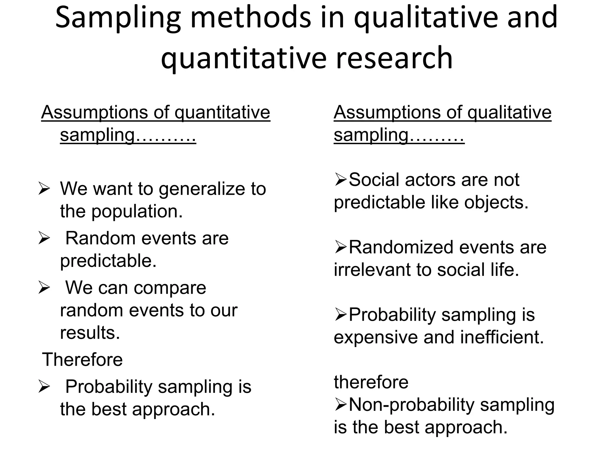 Sampling methods in qualitative and
quantitative research
Assumptions of quantitative
sampling……….
 We want to generalize to
the population.
 Random events are
predictable.
 We can compare
random events to our
results.
Therefore
 Probability sampling is
the best approach.
Assumptions of qualitative
sampling………
Social actors are not
predictable like objects.
Randomized events are
irrelevant to social life.
Probability sampling is
expensive and inefficient.
therefore
Non-probability sampling
is the best approach.
 