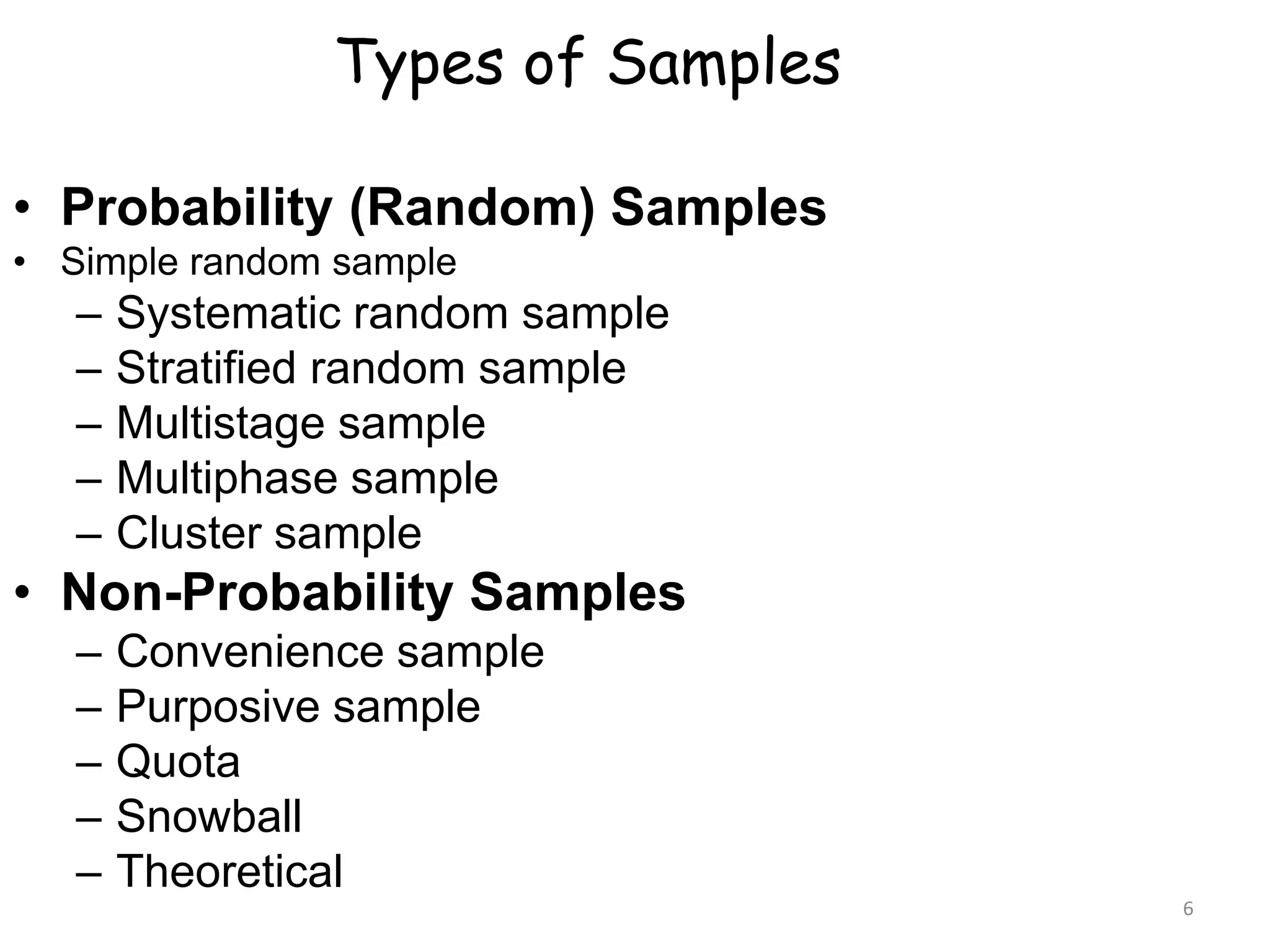 Types of Samples
6
• Probability (Random) Samples
• Simple random sample
– Systematic random sample
– Stratified random sample
– Multistage sample
– Multiphase sample
– Cluster sample
• Non-Probability Samples
– Convenience sample
– Purposive sample
– Quota
– Snowball
– Theoretical
 