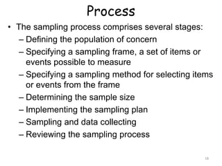 Process
18
• The sampling process comprises several stages:
– Defining the population of concern
– Specifying a sampling frame, a set of items or
events possible to measure
– Specifying a sampling method for selecting items
or events from the frame
– Determining the sample size
– Implementing the sampling plan
– Sampling and data collecting
– Reviewing the sampling process
 