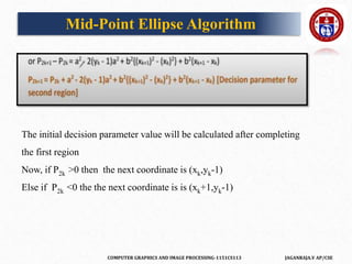 COMPUTER GRAPHICS AND IMAGE PROCESSING-1151CS113 JAGANRAJA.V AP/CSE
The initial decision parameter value will be calculated after completing
the first region
Now, if P2k >0 then the next coordinate is (xk,yk-1)
Else if P2k <0 the the next coordinate is is (xk+1,yk-1)
Mid-Point Ellipse Algorithm
 