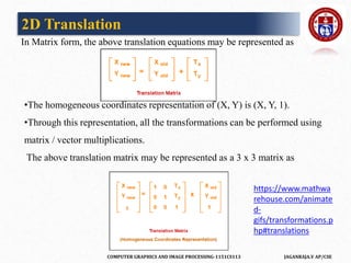 COMPUTER GRAPHICS AND IMAGE PROCESSING-1151CS113 JAGANRAJA.V AP/CSE
In Matrix form, the above translation equations may be represented as
•The homogeneous coordinates representation of (X, Y) is (X, Y, 1).
•Through this representation, all the transformations can be performed using
matrix / vector multiplications.
The above translation matrix may be represented as a 3 x 3 matrix as
2D Translation
https://www.mathwa
rehouse.com/animate
d-
gifs/transformations.p
hp#translations
 