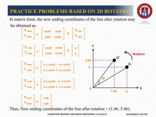 COMPUTER GRAPHICS AND IMAGE PROCESSING-1151CS113 JAGANRAJA.V AP/CSE
In matrix form, the new ending coordinates of the line after rotation may
be obtained as-
Thus, New ending coordinates of the line after rotation = (1.46, 5.46).
PRACTICE PROBLEMS BASED ON 2D ROTATION
 