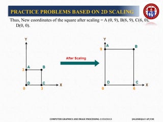 COMPUTER GRAPHICS AND IMAGE PROCESSING-1151CS113 JAGANRAJA.V AP/CSE
Thus, New coordinates of the square after scaling = A (0, 9), B(6, 9), C(6, 0),
D(0, 0).
PRACTICE PROBLEMS BASED ON 2D SCALING
 