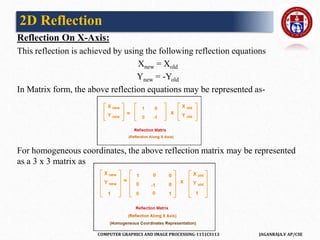 COMPUTER GRAPHICS AND IMAGE PROCESSING-1151CS113 JAGANRAJA.V AP/CSE
Reflection On X-Axis:
This reflection is achieved by using the following reflection equations
Xnew = Xold
Ynew = -Yold
In Matrix form, the above reflection equations may be represented as-
For homogeneous coordinates, the above reflection matrix may be represented
as a 3 x 3 matrix as
2D Reflection
 