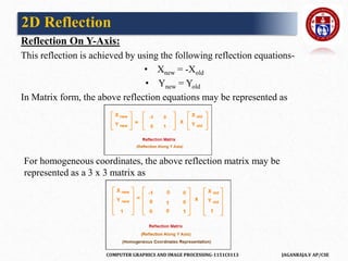 COMPUTER GRAPHICS AND IMAGE PROCESSING-1151CS113 JAGANRAJA.V AP/CSE
Reflection On Y-Axis:
This reflection is achieved by using the following reflection equations-
• Xnew = -Xold
• Ynew = Yold
In Matrix form, the above reflection equations may be represented as
For homogeneous coordinates, the above reflection matrix may be
represented as a 3 x 3 matrix as
2D Reflection
 