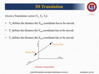 COMPUTER GRAPHICS AND IMAGE PROCESSING-1151CS113 JAGANRAJA.V AP/CSE
Given a Translation vector (Tx, Ty, Tz)-
• Tx defines the distance the Xold coordinate has to be moved.
• Ty defines the distance the Yold coordinate has to be moved.
• Tz defines the distance the Zold coordinate has to be moved.
3D Translation
 