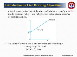 COMPUTER GRAPHICS AND IMAGE PROCESSING-1151CS113 JAGANRAJA.V AP/CSE
• In this formula, m is a line of the slope and b is intercept of y in the
line. In positions (x1, y1) and (x2, y2), two endpoints are specified
for the line segment.
• The value of slope m and b can be determined accordingly
• m = y2 – y1 / x2 – x1
• i.e. M = Δy / Δx
Introduction to Line Drawing Algorithm
 