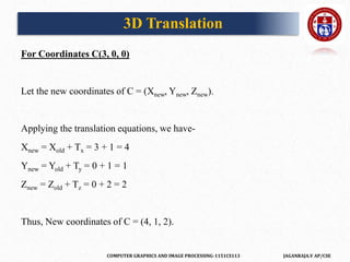 COMPUTER GRAPHICS AND IMAGE PROCESSING-1151CS113 JAGANRAJA.V AP/CSE
For Coordinates C(3, 0, 0)
Let the new coordinates of C = (Xnew, Ynew, Znew).
Applying the translation equations, we have-
Xnew = Xold + Tx = 3 + 1 = 4
Ynew = Yold + Ty = 0 + 1 = 1
Znew = Zold + Tz = 0 + 2 = 2
Thus, New coordinates of C = (4, 1, 2).
3D Translation
 