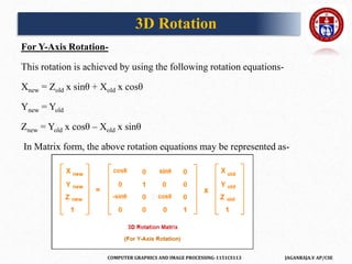 COMPUTER GRAPHICS AND IMAGE PROCESSING-1151CS113 JAGANRAJA.V AP/CSE
For Y-Axis Rotation-
This rotation is achieved by using the following rotation equations-
Xnew = Zold x sinθ + Xold x cosθ
Ynew = Yold
Znew = Yold x cosθ – Xold x sinθ
In Matrix form, the above rotation equations may be represented as-
3D Rotation
 