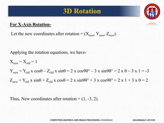 COMPUTER GRAPHICS AND IMAGE PROCESSING-1151CS113 JAGANRAJA.V AP/CSE
For X-Axis Rotation-
Let the new coordinates after rotation = (Xnew, Ynew, Znew).
Applying the rotation equations, we have-
Xnew = Xold = 1
Ynew = Yold x cosθ – Zold x sinθ = 2 x cos90° – 3 x sin90° = 2 x 0 – 3 x 1 = -3
Znew = Yold x sinθ + Zold x cosθ = 2 x sin90° + 3 x cos90° = 2 x 1 + 3 x 0 = 2
Thus, New coordinates after rotation = (1, -3, 2).
3D Rotation
 