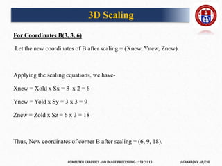 COMPUTER GRAPHICS AND IMAGE PROCESSING-1151CS113 JAGANRAJA.V AP/CSE
For Coordinates B(3, 3, 6)
Let the new coordinates of B after scaling = (Xnew, Ynew, Znew).
Applying the scaling equations, we have-
Xnew = Xold x Sx = 3 x 2 = 6
Ynew = Yold x Sy = 3 x 3 = 9
Znew = Zold x Sz = 6 x 3 = 18
Thus, New coordinates of corner B after scaling = (6, 9, 18).
3D Scaling
 