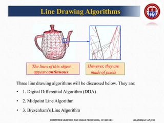 COMPUTER GRAPHICS AND IMAGE PROCESSING-1151CS113 JAGANRAJA.V AP/CSE
Line Drawing Algorithms
Three line drawing algorithms will be discussed below. They are:
• 1. Digital Differential Algorithm (DDA)
• 2. Midpoint Line Algorithm
• 3. Bresenham’s Line Algorithm
The lines ofthis object
appear continuous
However, they are
made of pixels
 