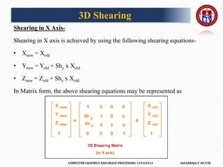 COMPUTER GRAPHICS AND IMAGE PROCESSING-1151CS113 JAGANRAJA.V AP/CSE
Shearing in X Axis-
Shearing in X axis is achieved by using the following shearing equations-
• Xnew = Xold
• Ynew = Yold + Shy x Xold
• Znew = Zold + Shz x Xold
In Matrix form, the above shearing equations may be represented as
3D Shearing
 