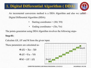 COMPUTER GRAPHICS AND IMAGE PROCESSING-1151CS113 JAGANRAJA.V AP/CSE
1. Digital Differential Algorithm ( DDA)
An incremental conversion method is a DDA Algorithm and also we called
Digital Differential Algorithm (DDA).
• Starting coordinates = (X0, Y0)
• Ending coordinates = (Xn, Yn)
The points generation using DDA Algorithm involves the following steps-
Step-01:
Calculate ΔX, ΔY and M from the given input.
These parameters are calculated as-
ΔX = Xn – X0
ΔY =Yn – Y0
M = ΔY / ΔX
 