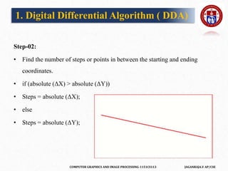 COMPUTER GRAPHICS AND IMAGE PROCESSING-1151CS113 JAGANRAJA.V AP/CSE
Step-02:
• Find the number of steps or points in between the starting and ending
coordinates.
• if (absolute (ΔX) > absolute (ΔY))
• Steps = absolute (ΔX);
• else
• Steps = absolute (ΔY);
1. Digital Differential Algorithm ( DDA)
 