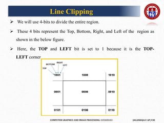 COMPUTER GRAPHICS AND IMAGE PROCESSING-1151CS113 JAGANRAJA.V AP/CSE
 We will use 4-bits to divide the entire region.
 These 4 bits represent the Top, Bottom, Right, and Left of the region as
shown in the below figure.
 Here, the TOP and LEFT bit is set to 1 because it is the TOP-
LEFT corner.
Line Clipping
 