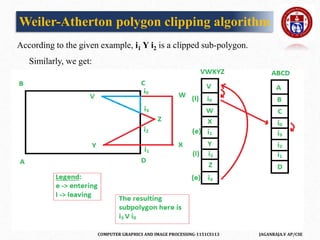 COMPUTER GRAPHICS AND IMAGE PROCESSING-1151CS113 JAGANRAJA.V AP/CSE
According to the given example, i1 Y i2 is a clipped sub-polygon.
Similarly, we get:
Weiler-Atherton polygon clipping algorithm
 